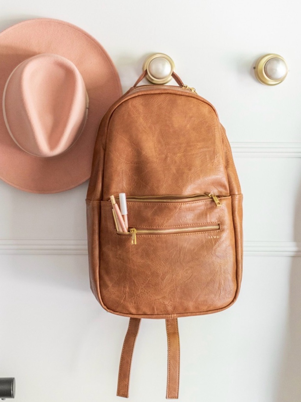 Tan Leather-Look Men's Backpack with Front Zip Pocket
